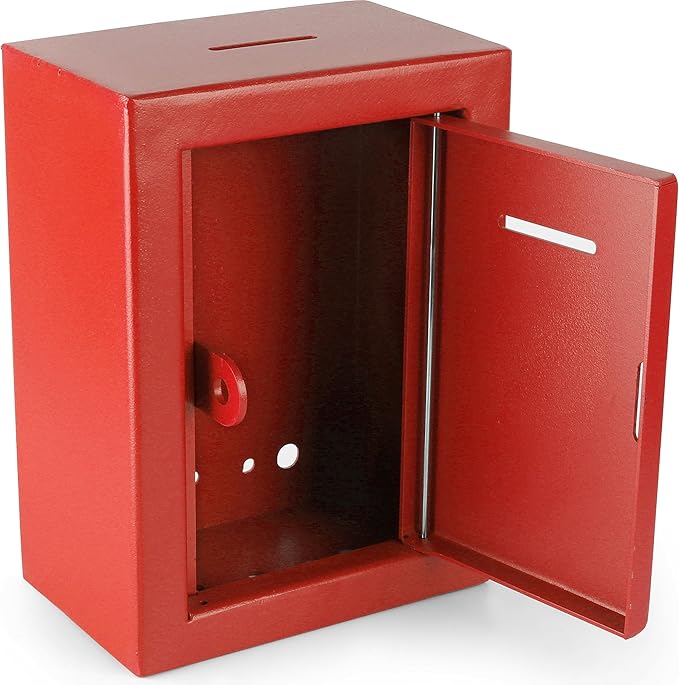 Secure Metal Charity Collection Box - Steel, Drop Box with Slot, Easy Wall Mount, 8.5x6.5x4", "Red