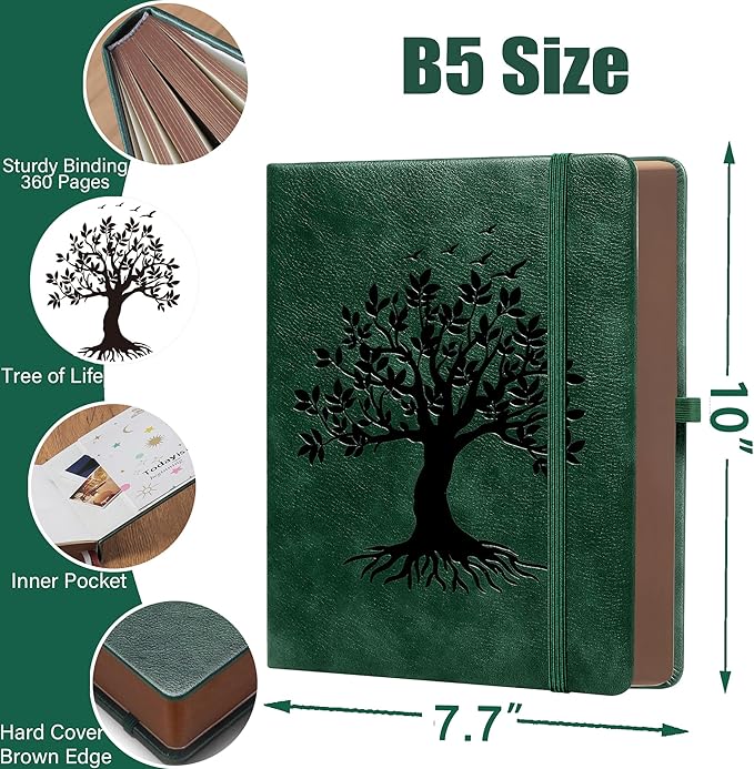 Thick Lined Journal Notebook with Pen, 360 Pages 100gsm Paper, Brown Sprayed Edge, Journal for Writing B5 Ruled Notebook ,Leather Hardcover,Perfect for Work, Office or School, 7.8'' x 10'' Dark Green