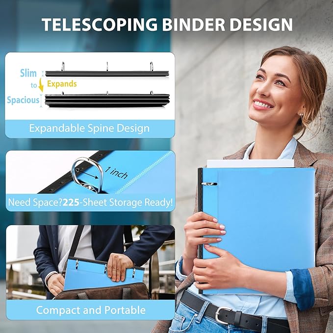 WOT I 4-Pack Telescoping 3 Ring Binder 1 Inch, Expandable Flexible Binder - Patented Design for Easy Portability, Holds 225 Sheets, Perfect for School, Office&Home Organization(Black+Pink+Blue+White)