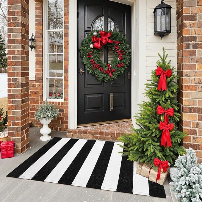 Collive Christmas Black and White Outdoor Striped Rug 24"x 51", Cotton Woven Front Porch Rug Decor, Washable Farmhouse Layered Welcome Mat Outdoor for Kitchen Entryway Entrance
