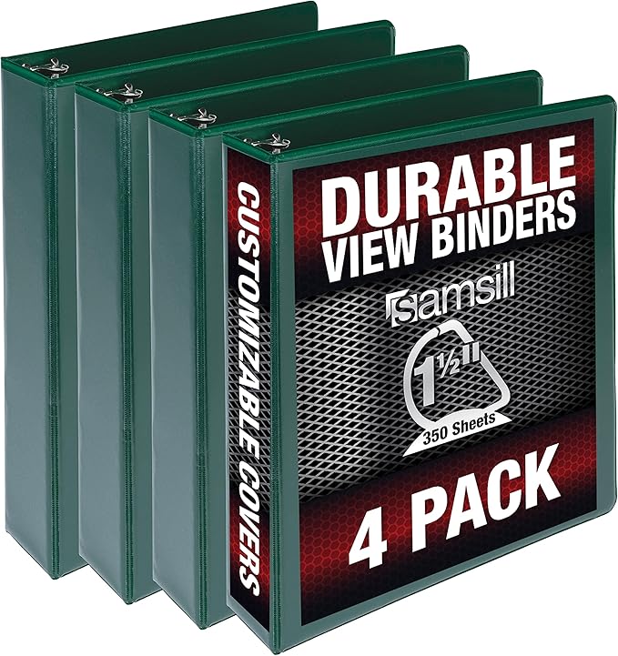Samsill Durable 1.5 inch 3 Ring Binder, Made in USA, D Ring Binder, FSC 100% Recycled Chipboard, Green, 4 Pack