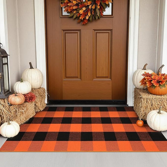 KIMODE Buffalo Plaid Fall Outdoor Rug 27.5"x43",Washable Halloween Door Mat,Reversible Front Porch Rug,Checkered Layering Rug for Entryway,Halloween Front Porch Decor,Orange and Black