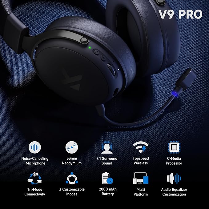 MCHOSE V9 PRO Wireless Gaming Headset 7.1 Surround Sound for PS5 PS4 PC SWITCH TOPSPEED Gaming Headphones with Noise Canceling Mic, 250Hr Battery, Low 15ms Latency, Lightweight, BT 5.3 FPS Games Black
