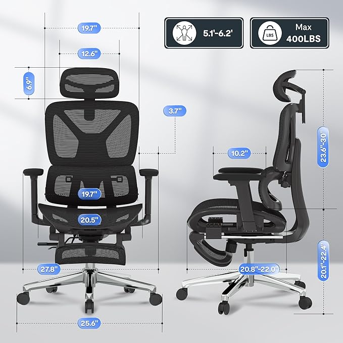 FLEXISPOT ErgoX Premium Ergonomic Office Chair with Footrest- Adjustable 3D Armrests, Dynamic Lumbar Support, Recline & Tilt Function, Mesh Seat, for Home & Office Use,Black