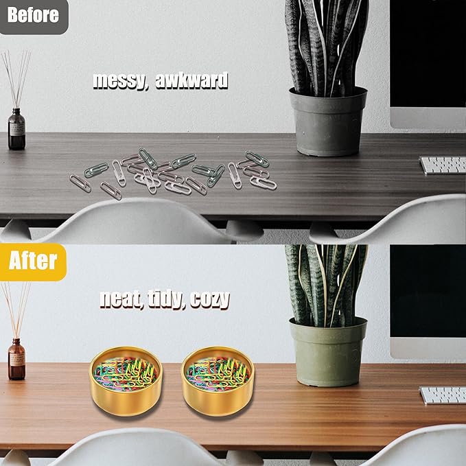 Paper Clip Holder & Organizer - 2-Pack Metal Desk Bowls for Office Accessories, Holds Binder Clips, Paper Clips & Small Parts | Space-Saving Desktop Organizer (Gold)