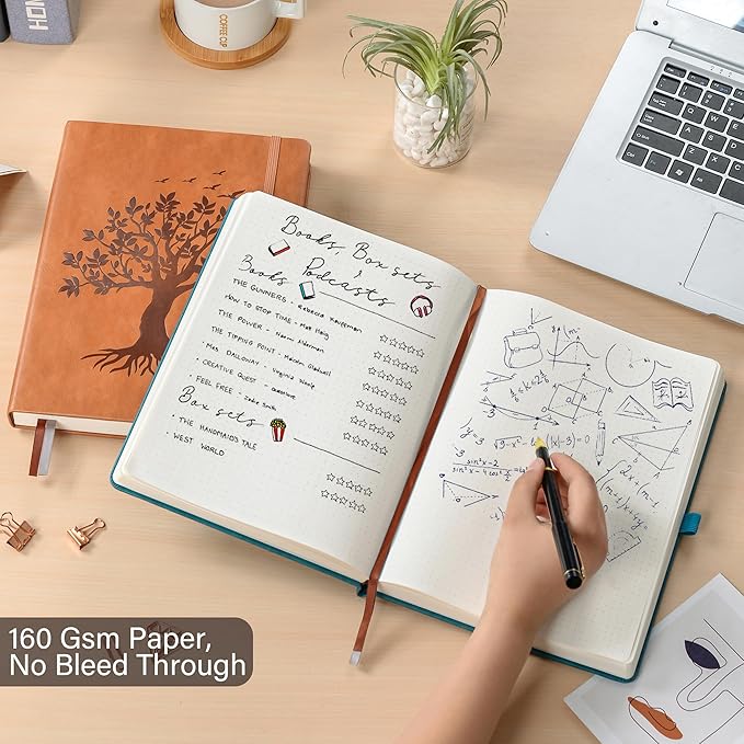 ZXHQ A5 Bullet Dotted Journal Notebook-150gsm Thick Paper, 256 Pages, Dot Grid Hardcover, Tree of Life Design, Fine Inner Pocket - 5.9" × 8.5" Brown