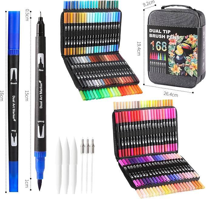 Dual Tip Markers, Double Brush Art Markers Set with Fine Tip and Brush Tip for Adult Coloring Book, Hand Lettering, Calligraphy & Drawing, Art Supplies Kit for Kids and Adults (168 Colors)