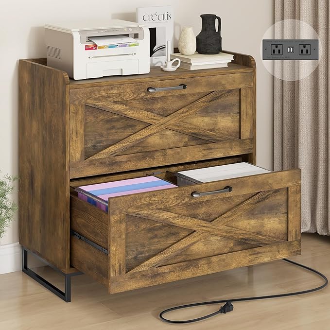 File Cabinet 2 Drawers Lateral File Cabinet with Charging Station for Letter/Legal/A4 Size Hanging Files, Large Wood File Storage Cabinets Printer Stand for Home Office, Brown