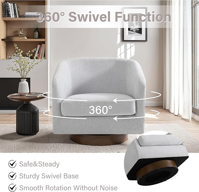 UIXE Swivel Accent Chair with Wood Base, Chenille Upholstered Barrel Chairs for Living Room, Comfy Round Armchair Single Sofa Bedroom Reading Seat - 31" W, Beige