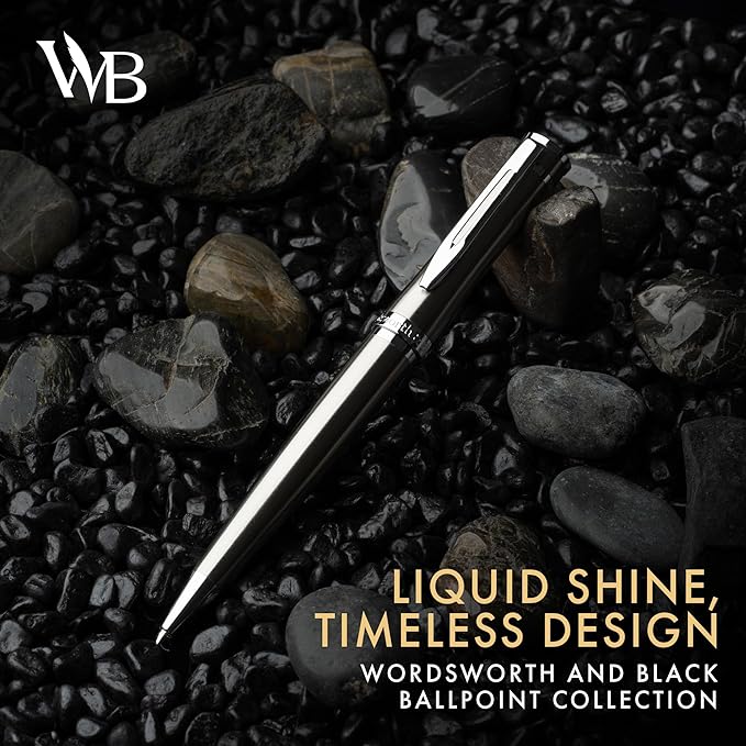 Wordsworth and Black Ballpoint Pen Silver Lacquer- Stunning Luxury Pen Chrome Finish, Ink Refill, Best Gift Set for Men & Women, Refillable, Elegant, Nice Pens, Fine Point