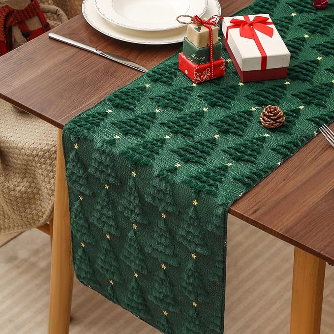 Christmas Table Runner 13x72 Inch, Xmas Trees Star Winter Holiday Decorative Farmhouse Table Decorations for Kitchen Dinning, Indoor Outdoor Dinner Party Decor (Green) 1 Pack