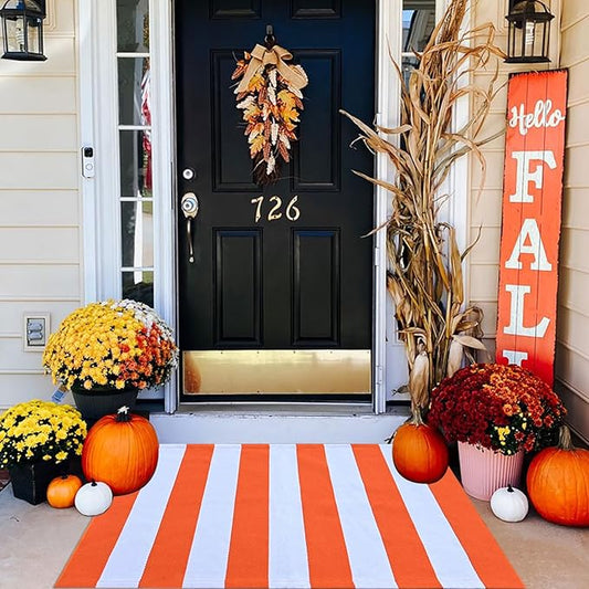 Orange and White Rug Halloween Fall Front Door Rug Hand Woven Area Rugs Washable Outdoor Doormats Indoor Entrance Mat for Front Porch Kitchen Entryway Patio Holiday