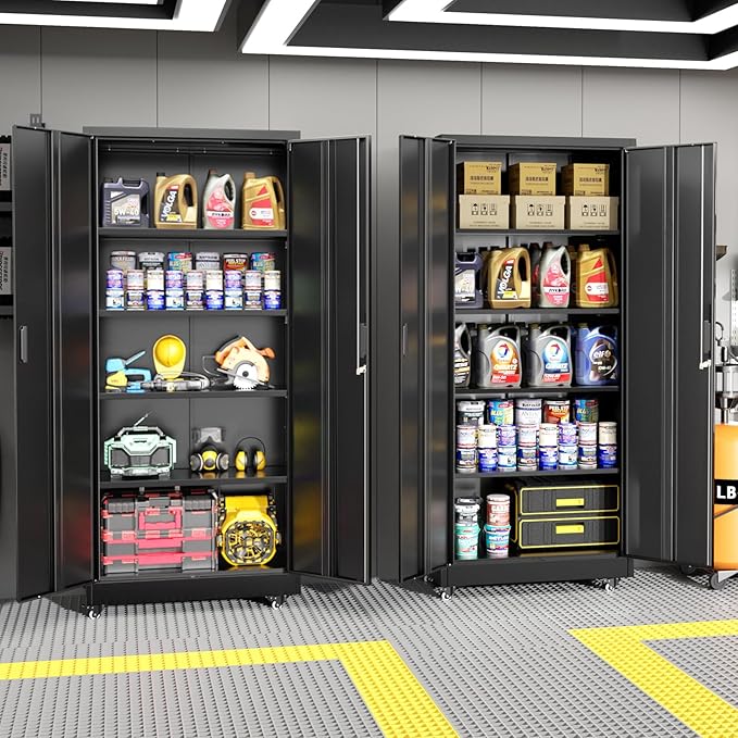 Greenvelly 74" Metal Storage Cabinet with Wheels, Lockable Rolling Metal Garage Cabinets with 2 Doors and 4 Adjustable Shelves, Rolling Tool Cabinet for Garage, Home Office, School