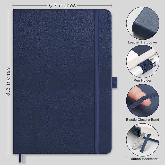 RETTACY Blank Journal Notebook, 2-Pack, 192 Pages per Pack, A5 Medium Size (5.7'' x 8.3''), Leather Hardcover, 100 GSM Thick Paper, for Sketching, Drawing, Painting (Black & Navy Blue)