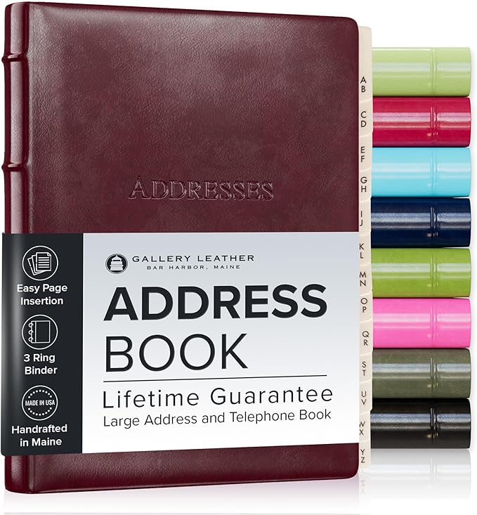 Gallery Leather Large Address Book with Alphabetical Tabs up to 480 records, Leather Notebook Hardcover, Telephone and Address Books - 9x7, Desk Address, Acadia Burgundy