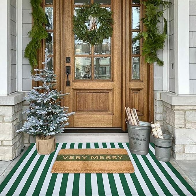 CAINANEL Christmas Outdoor mat 3' x 5' Green and White Striped Outdoor Rug Front Porch Rug,Christmas Home Decor, Layerd Welcome Doormat for Front Porch Decor, Front Door, Farmhouse Decor