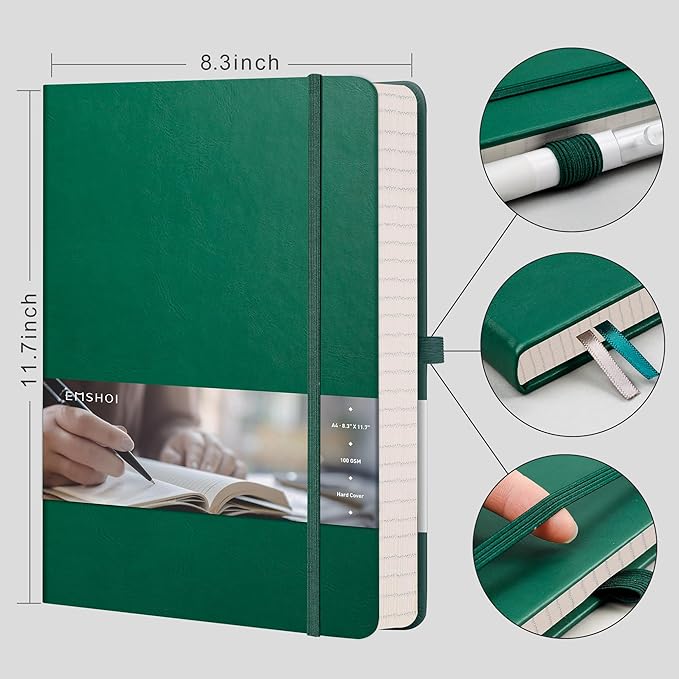 EMSHOI Graph Paper Notebook, 8.5" x 11" Hardcover Leather Journal for Women Men, 192 Pages 100 GSM Grid Paper A4 Large Journals for Writing, Graph Notebook for Work, Graphing, Engineering, Dark Green