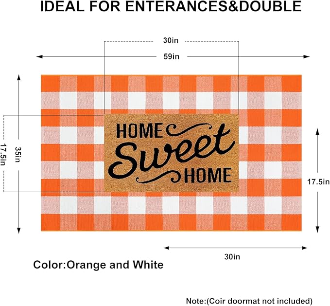 KIMODE Fall Outdoor Rug Orange and White 3'x5',Washable Cotton Halloween Front Door Rug,Farmhouse Buffalo Plaid Layering Rugs,Reversible Fall Door Mat for Entryway,Halloween Front Porch Decor