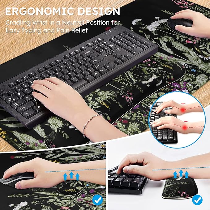 iCasso Large Mouse pad for Desk, Computer Desk Mat, 3Pcs XXL Keyboard and Mouse Pad + Keyboard Wrist Rest, Desk Matt for Desktop, Easy Typing Pain Relief Ultra Thick Mousepad Keyboard Mat(Weeds)