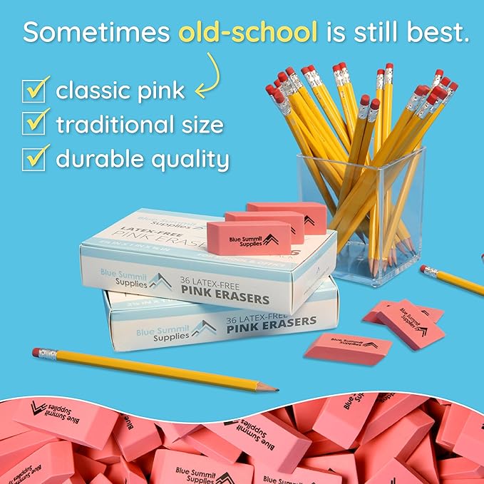 Blue Summit Supplies Pink Erasers, Bulk Erasers for Art, School, and Office Use, Classroom Set, 36 Pack