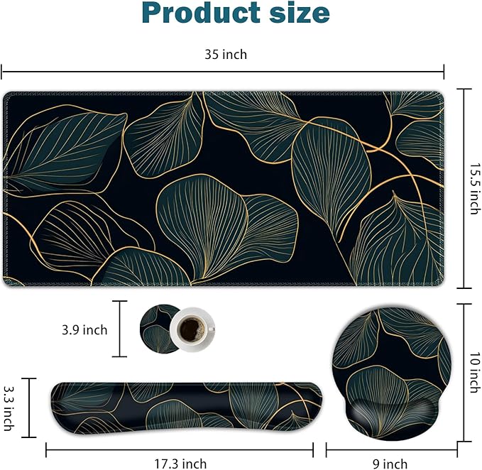ARTSO Desk Mat Set, Large Gaming Mouse Pad Wrist Support, Keyboard Wrist Rest Ergonomic Desk Pad with Coaster Combo, Extended Mousepad with Non-Slip, Art Tropical Leaves
