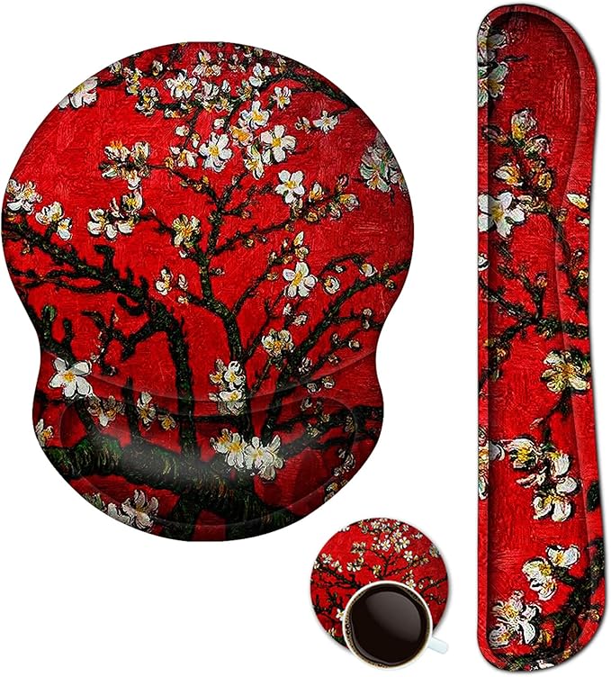 ArtSo Upgraded Wrist Rest Support for Mouse Pad & Keyboard, Ergonomic Gel Mousepad Non-Slip Rubber Base Home,Office Pain Relief, Easy Typing Cushion Neoprene, Soft Memory Foam, Red Van Gogh Painting