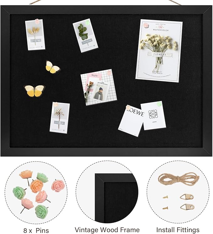 Black Cork Board Bulletin Board 16.7" x 11", Small Linen Corkboards with Frame for Walls, Cute Picture Display Pin Board Vision Board for Room School Office Bedroom 8 Pushpins