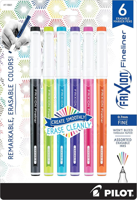 Pilot, FriXion Fineliner Erasable Marker Pens, Fine Point 0.7 mm, Pack of 6, Assorted Colors