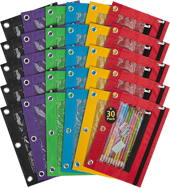 IKAYAS 30 Pack Pencil Pouch for 3 Ring Binder bulk Binder Pencil Pouch with Zipper, Pencil Pouches for Classroom Pencil Box Pencil Case for Storing School Students Teacher Supplies, 6 Colors