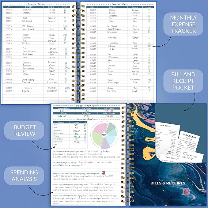 GoGirl Budget Planner & Monthly Bill Organizer – Monthly Financial Book with Pockets. Expense Tracker Notebook Journal, Large (Blue)