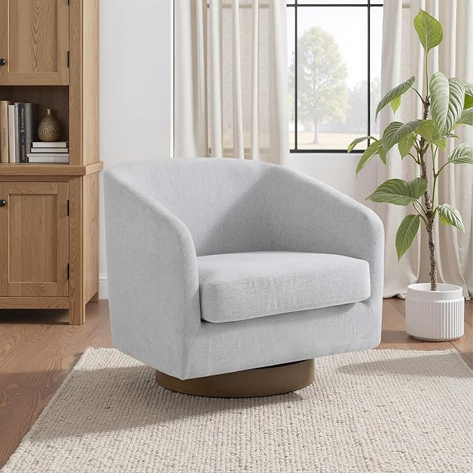 UIXE Swivel Accent Chair with Wood Base, Chenille Upholstered Barrel Chairs for Living Room, Comfy Round Armchair Single Sofa Bedroom Reading Seat - 31" W, Beige