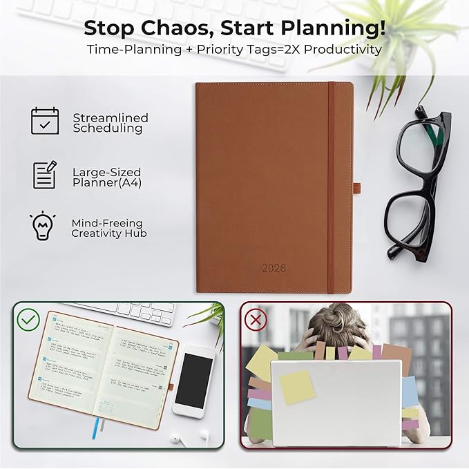 Weekly Monthly 2026 Planner (Jan.26-Dec.26),11.5"x8.5",12 Months Agenda Plan with Month Tabs & Pocket,Expenses/Note Pages, Appointment Book Calendar with Hardcover Vegan Leather Cover,Brown