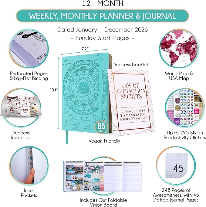 2026 Planner Weekly and Monthly | Law of Attraction Planner with Panduo App | A 12 Month Journey for Productivity, Gratitude & Goal Setting | Includes Foldable Vision Board, Gift Box & Stickers