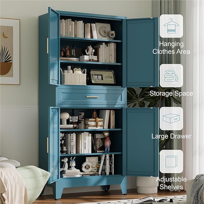 71" Tall Metal Storage Cabinet with Adjustable Shelves,Farmhouse Kitchen Pantry Cabinet with 2 Barn Doors and Drawer,Large Storage Cabinets for Dining Room,Bathroom,Living Room(Blue)