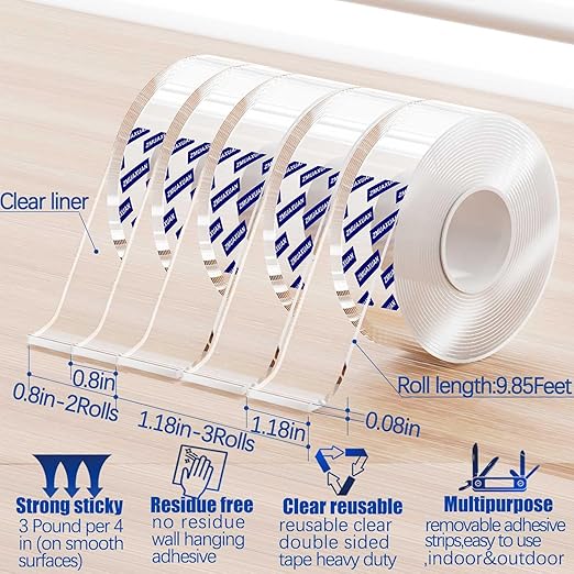Nano Tape Adhesive Reusable,Double Sided Mounting Tape Heavy Duty Removable,Picture Hanging Strips Poster Putty,Clear Thick Gel Sticky Tack Wall Glue for Hangers,Photo(9.85 FT-5 Pack)