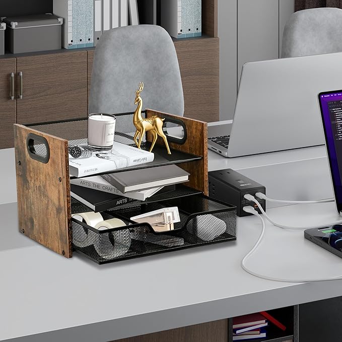 Wood Desk Organizer - 3-Tier Desktop File Organizer with Drawer, Wooden Paper Tray, Office Desk Organzier and Accessories for Papers, Mail, Notebooks, Stationery