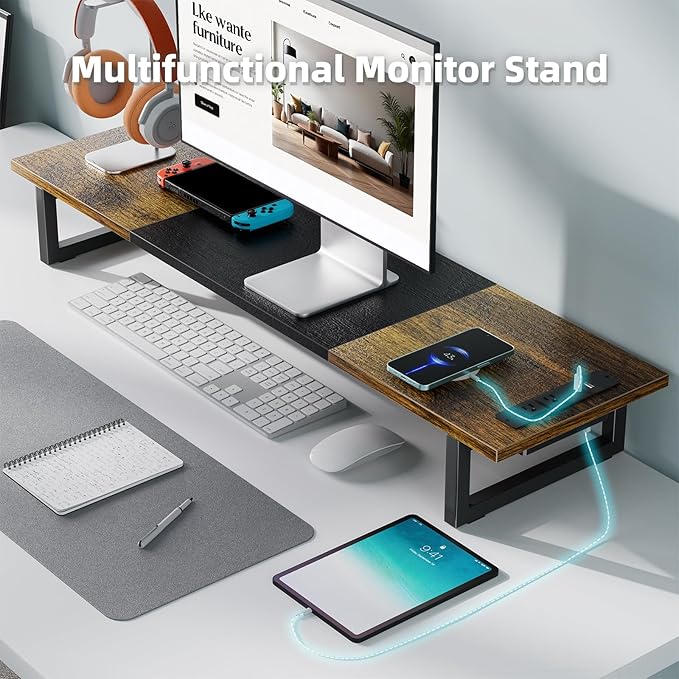 Simple Trending Dual Monitor Stand Riser with 2 USB Charging Ports, Wood Computer Desk Organizer for 2 Monitors, Extra Long TV Stand for Laptop Office, iMac