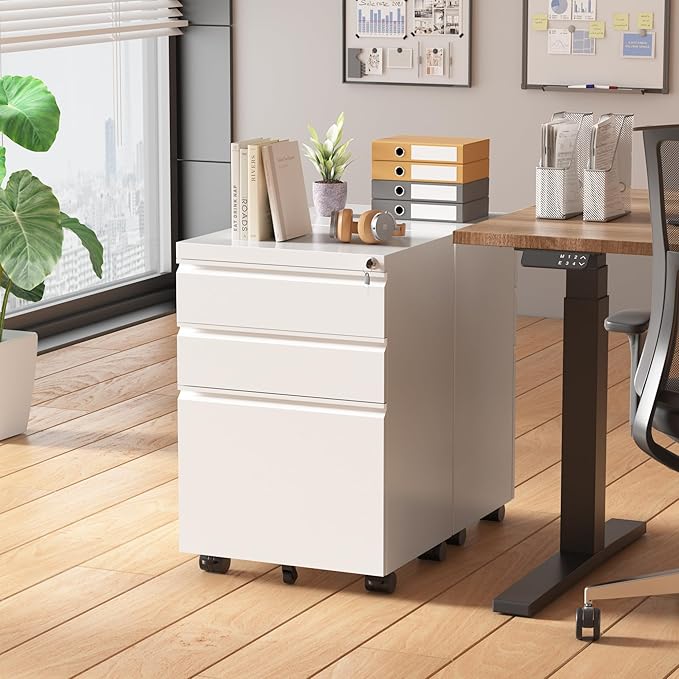 Superday White 3 Drawer Mobile Locking File Cabinet, Metal Rolling Vertical Filing Cabinet with Drawers, Small Under Desk File Cabinets for Office and Home, Fully Assemble