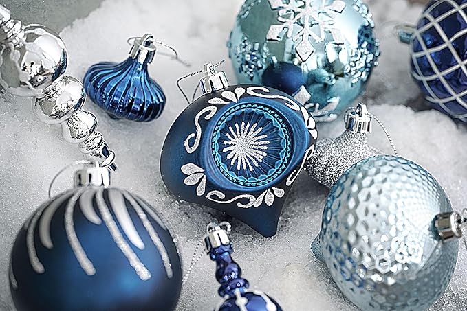Valery Madelyn Christmas Ornaments Set, 70ct Navy Blue and Silver Shatterproof Christmas Tree Decorations Ball Ornaments Bulk, Winter Wonderland Hanging Ornaments for Xmas Trees Holiday Decor