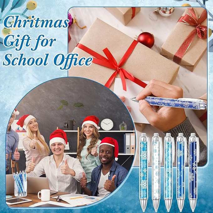 Thenshop 50 Pcs Christmas Pens Bulk Retractable Snowflake Ballpoint Pens Black Ink Winter Xmas Snowflake Pattern Appreciation Christmas Gifts Office Supplies Stationery for Xmas Party Writing