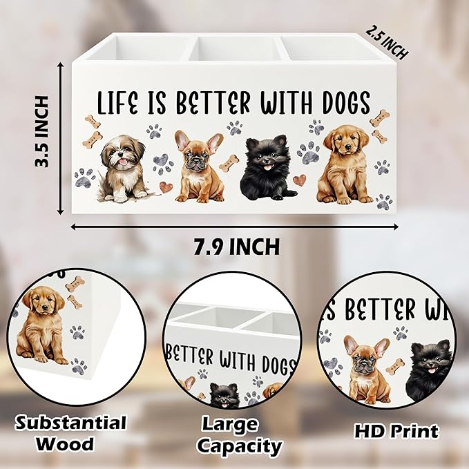 Dog Pen Pencil Holder Organizer for Desk, Dog Lovers Mom Gifts for Women, Life Is Better with Dogs Wooden Box Signs Decorations for Home Office Desk Tabletop, Gifts for Pet Lovers