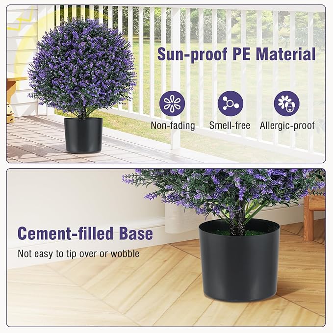 Goplus 21.5’’ Artificial Lavender Topiary Ball Tree, Set of 2 Faux Potted Plants Artificial Shrubs Bushes with Flowers, Fake Evergreen Artificial Topiary for Indoor Outdoor Home Front Porch Decor