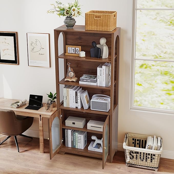 RARZOE 71" Tall Bookshelf and Bookcase, 5-Tier Arched Bookshelf with Glass Doors, Floor Standing 5 Shelf Book case, Wood Display Cabinet Storage Organizer for Living Room, Bedroom, Office(Walnut)