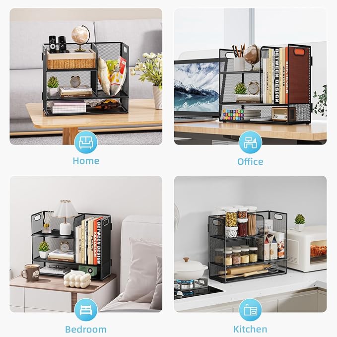 Marbrasse 2-Tier Desk Shelf Organizer with Handle, Desktop Bookshelf File Holder, Mesh Display Shelf Organizer Storage Rack for Office, Home, Supplies, Kitchen (Black)