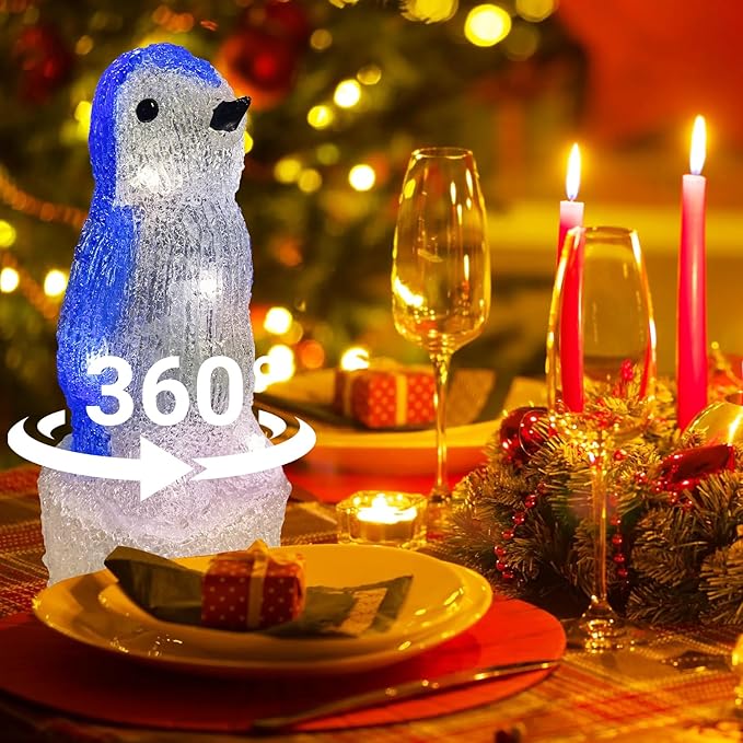 Anycosy Christmas Lighted Acrylic Penguin Decoration,Rotating Battery Operated Lights for Indoor Use,Perfect for Tabletop, Windowsill, Mantel, and Bedroom