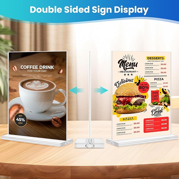 Acrylic Sign Holder 8.5x11, 8Pack Clear TableTop Sign Holder-Sided, Plastic Flyer Display Holder with Vertical Base, Clear Flyer Stand Menu Table Display Holders for Restaurants Office Store Show Fair