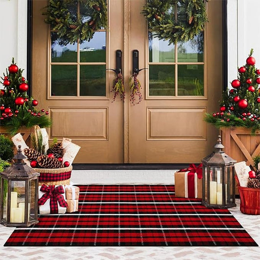 KIMODE Christmas Door Mat Outdoor 24"X51",Red/Black Buffalo Plaid Rug,Washable Cotton Hand-Woven Layered Door Mats,Reversible Outdoor Christmas Decor for Front Porch,Entryway,Kitchen
