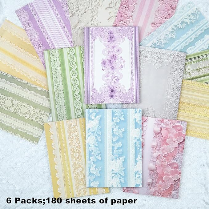 Lace Scrapbook Paper Set, 180 PCS Vintage Floral Journal Paper Kit for Scrapbooking, DIY Crafts, and Card Making
