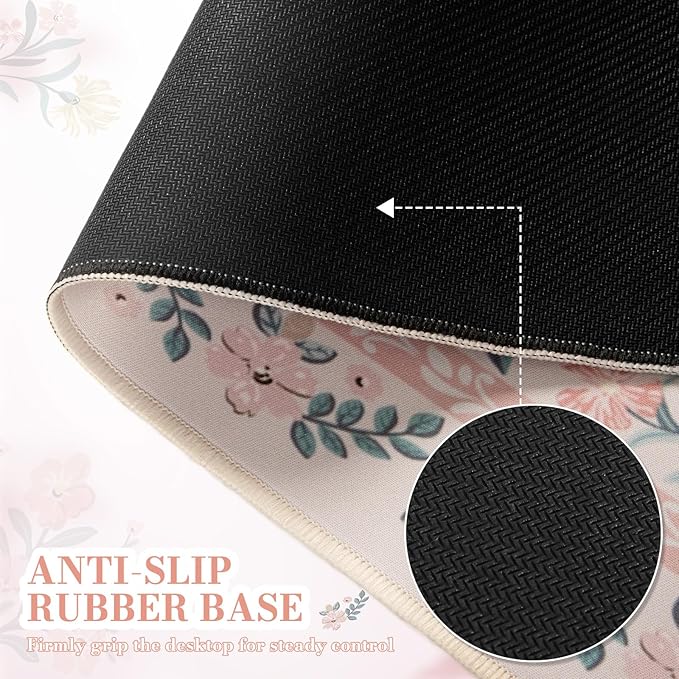 iCasso Pink Floral Desk Mat, Desk Pad, XXL Large Mouse Pad, Anti-Slip Big Mousepad with Stitched Edges, Computer Mouse Pads for Desktop for Women(Pink)