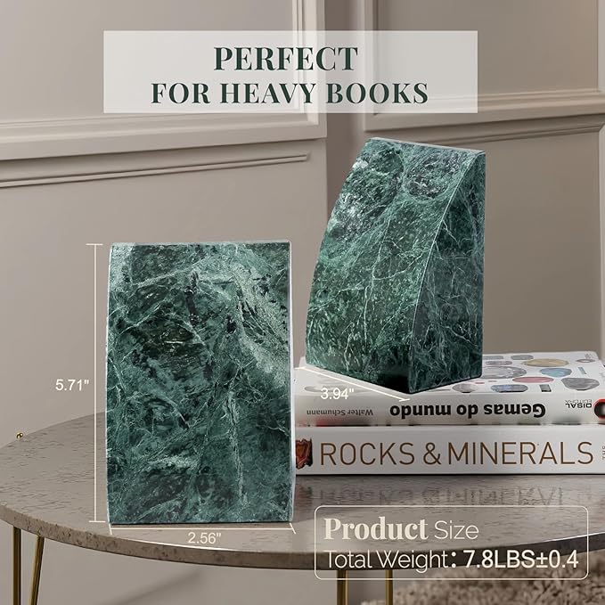 Koville Marble Bookends for Shelves, 8Lbs Large Stone Bookends for Heavy Books, Non-Slip Heavy Duty Book Stopper, Modern Decorative Book Ends for Bookshelf Table Home Decor(Green)